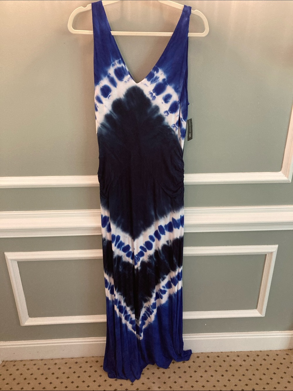 INC International Concepts Blue and White Tie-Dye V-Neck Maxi Dress